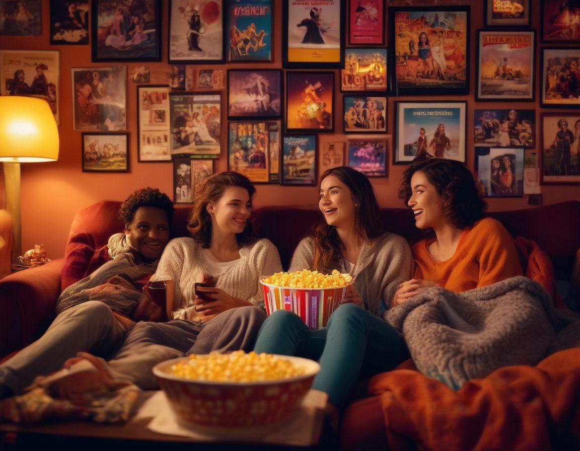 A cinematic scene showcasing a diverse group of friends enjoying a film night with popcorn, colorful drinks, and cozy blankets, surrounded by posters of iconic racy films on the walls. The atmosphere is warm and inviting, with soft lighting and an eclectic mix of film memorabilia. Emphasize expressions of excitement and joy on their faces. super-realistic. vibrant colors. cozy ambiance.